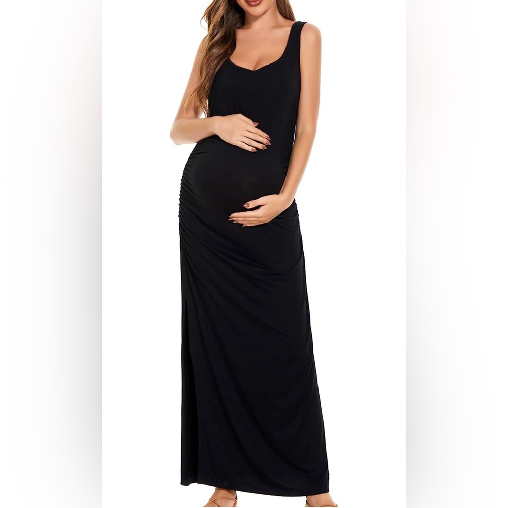 Smallshow Women's Split Long Maternity Dress Sleeveness Ruched Pregnancy Clothes